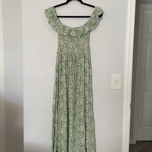 PinkBlush maternity maxi dress with a slit. Ruffle off shoulder, size small.